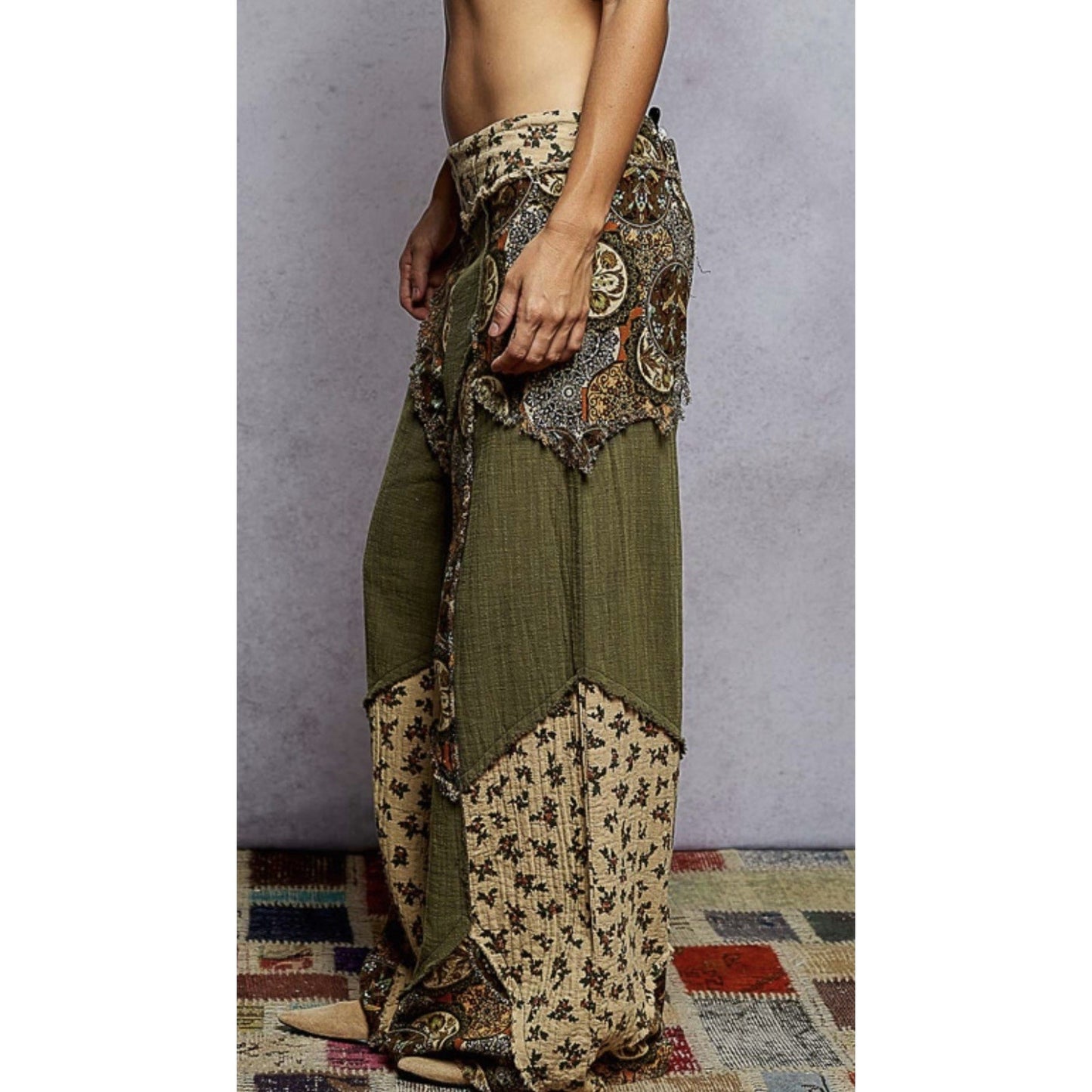 POL Double Gauze Patchwork Pants in Olive