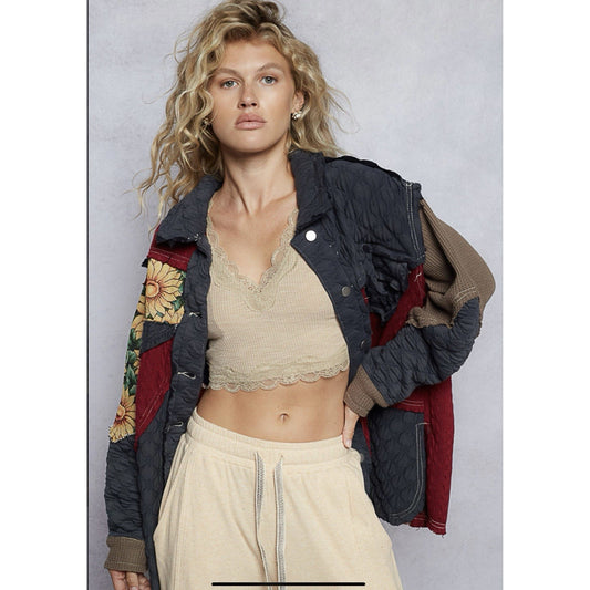 Copied - Pol Sunflower Patchwork Quilted Shacket, jacket