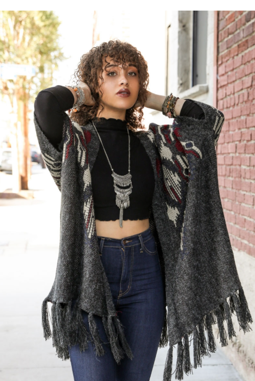 Warm Heather Argyle Knit Ruana - Black