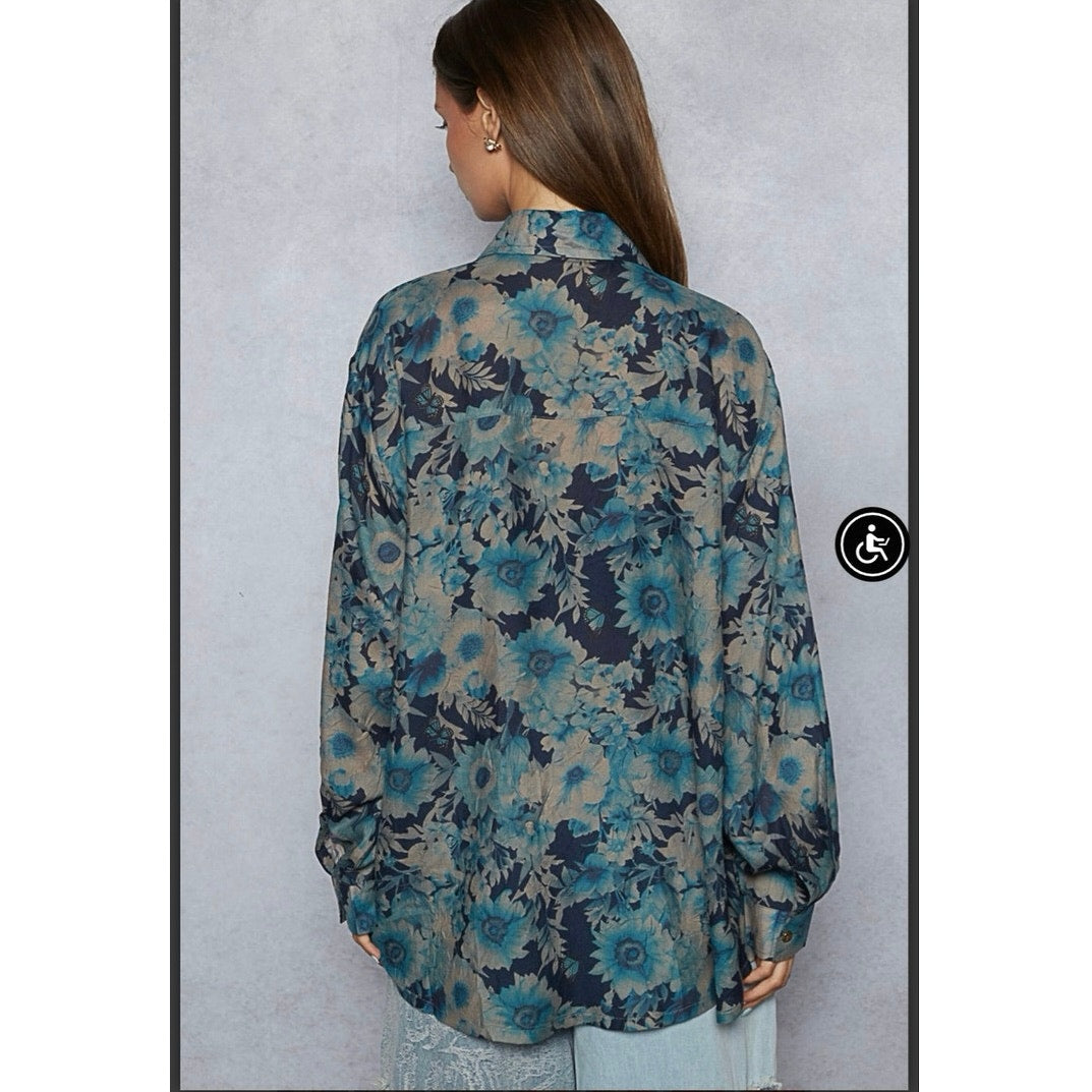 NEW!!! POL Oversized Sheer Floral Button-Down Shirt | Blue Floral Large
