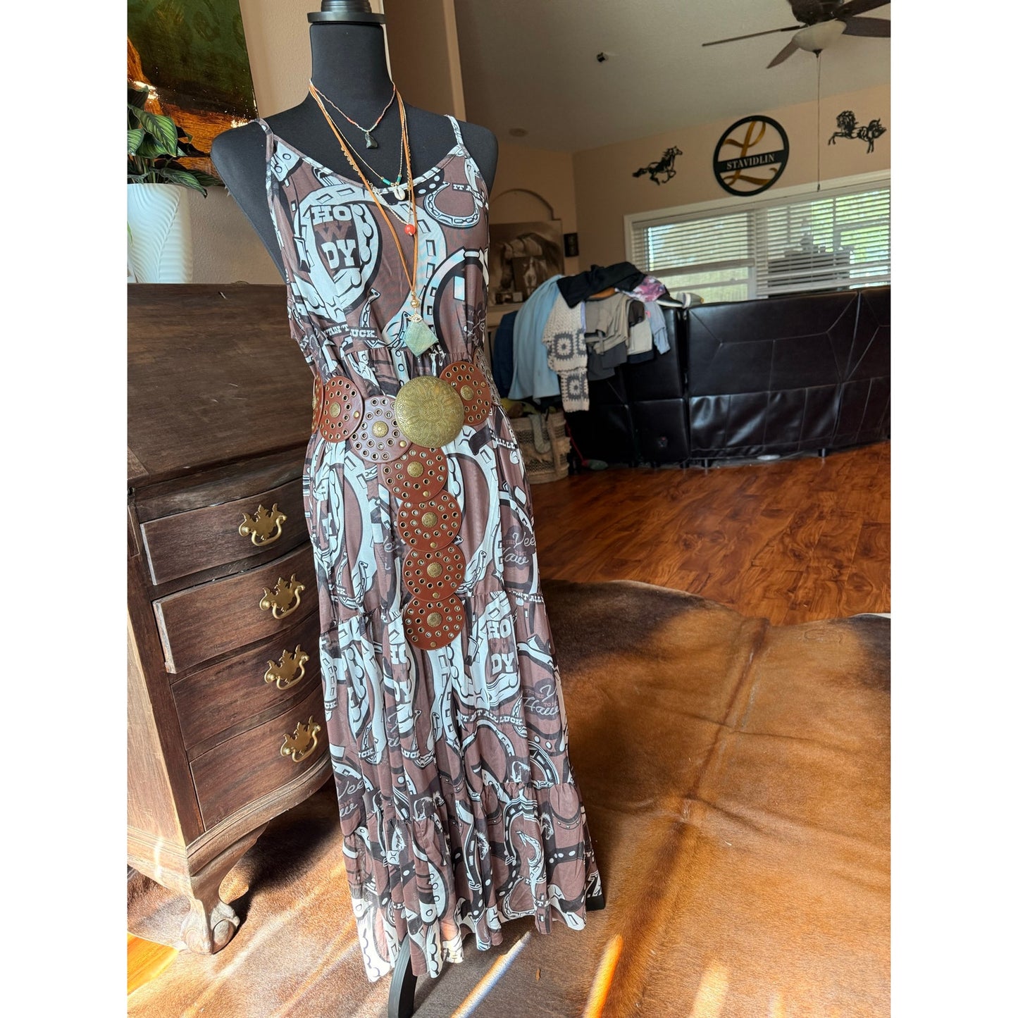 NWT! Western 2Fly Cowgirl Sheer Maxi Dress Brown Horseshoe Print Tiered Boho L/Xl