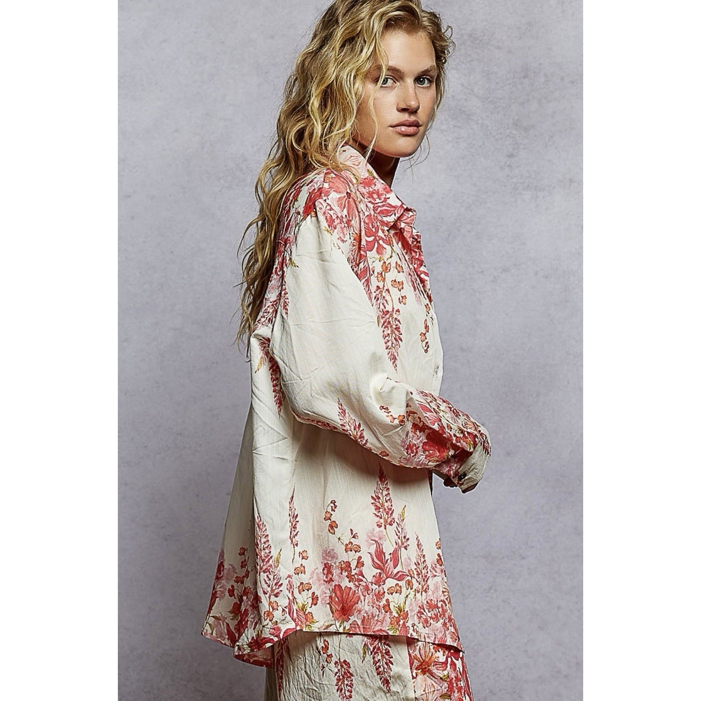 POL button down pink floral shirt women Boho