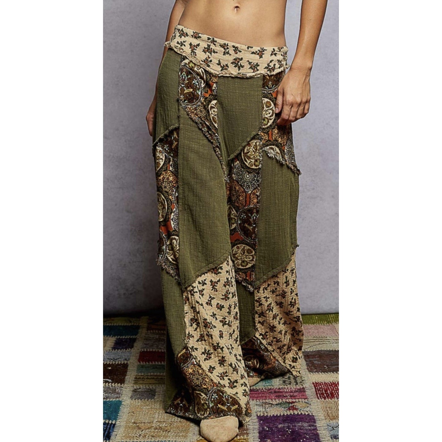 POL Double Gauze Patchwork Pants in Olive