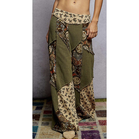 POL Double Gauze Patchwork Pants in Olive