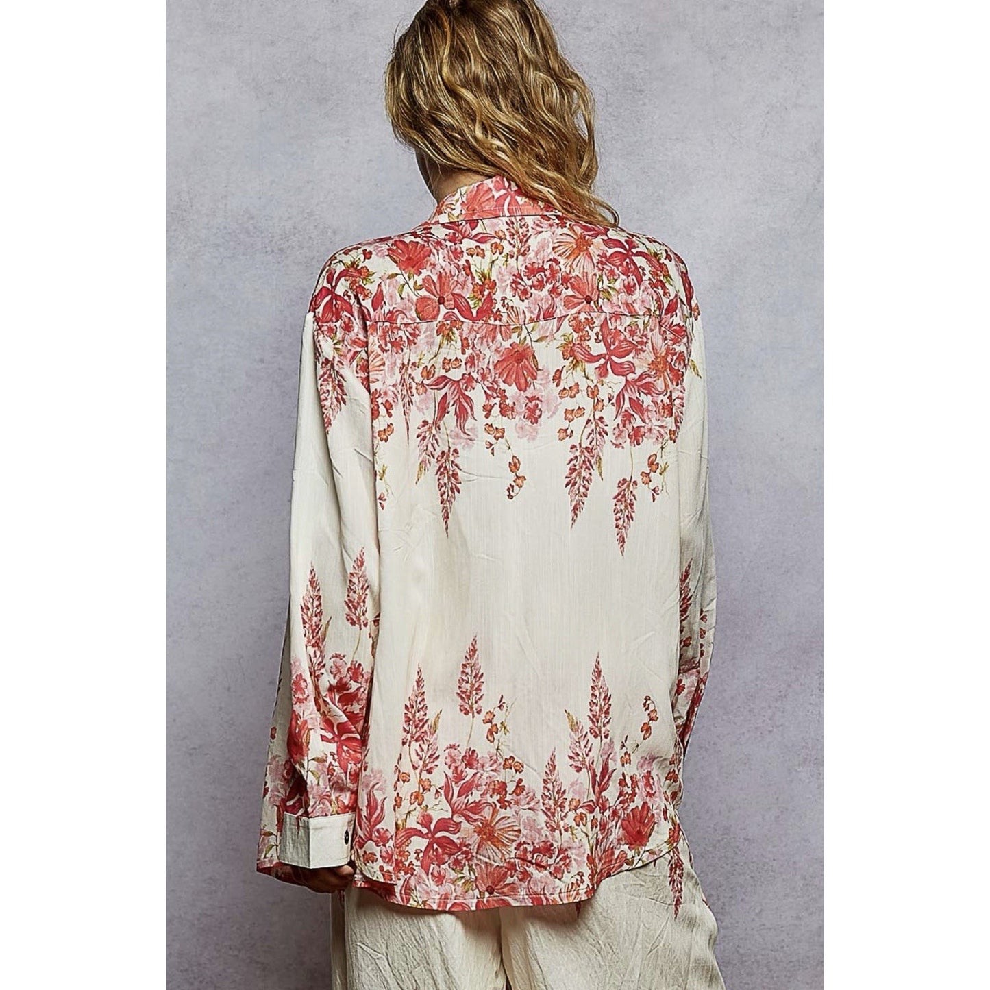 POL button down pink floral shirt women Boho