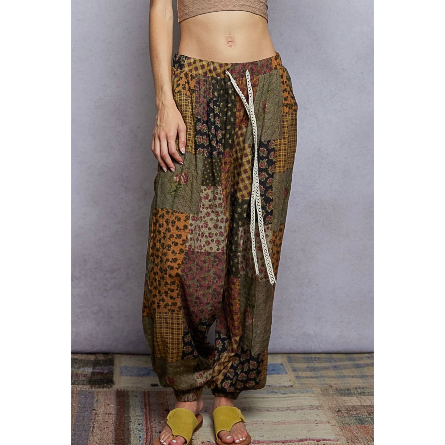 New!!! Patchwork Print Boho Harem Pants Drawstring Waist Women’s Balloon Joggers | Relaxed Fit medium
