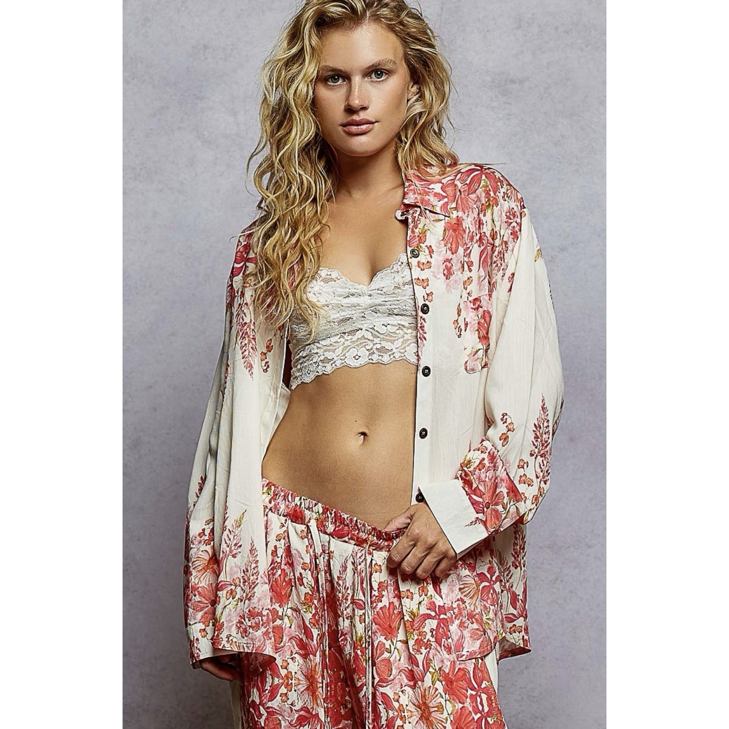 POL button down pink floral shirt women Boho