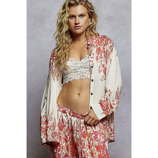 POL button down pink floral shirt women Boho