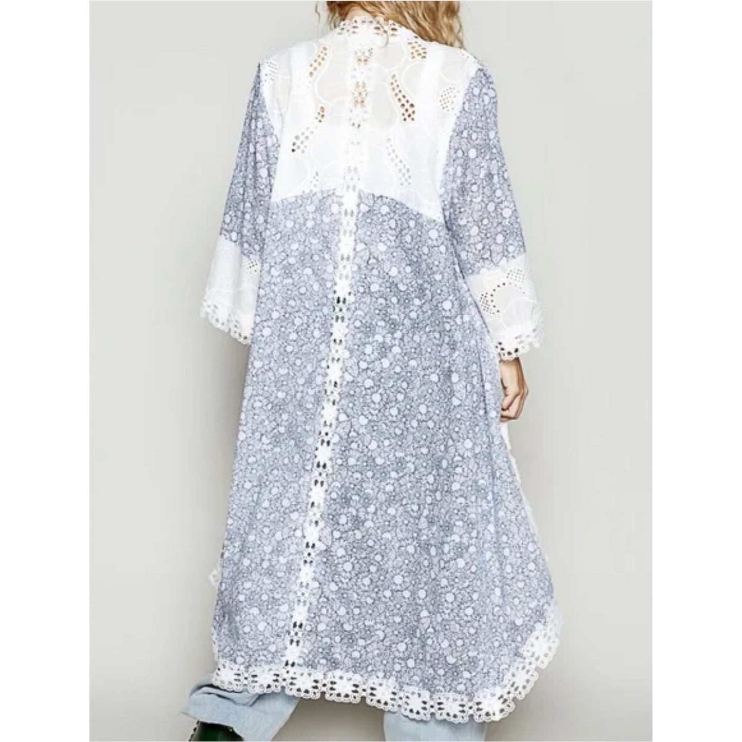 POL NEW Lace Trim Blue Floral Daisy Long Kimono Jacket Light