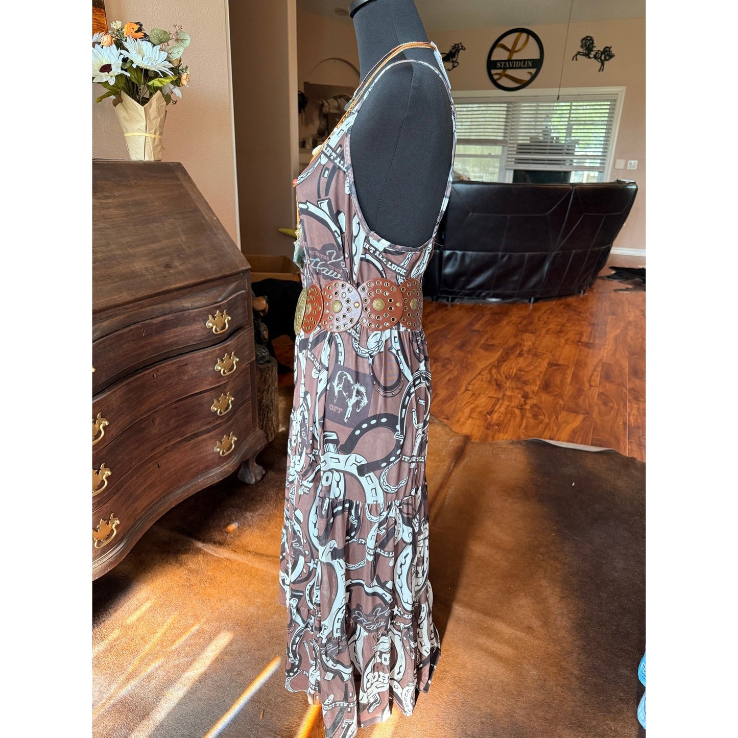 NWT! Western 2Fly Cowgirl Sheer Maxi Dress Brown Horseshoe Print Tiered Boho L/Xl
