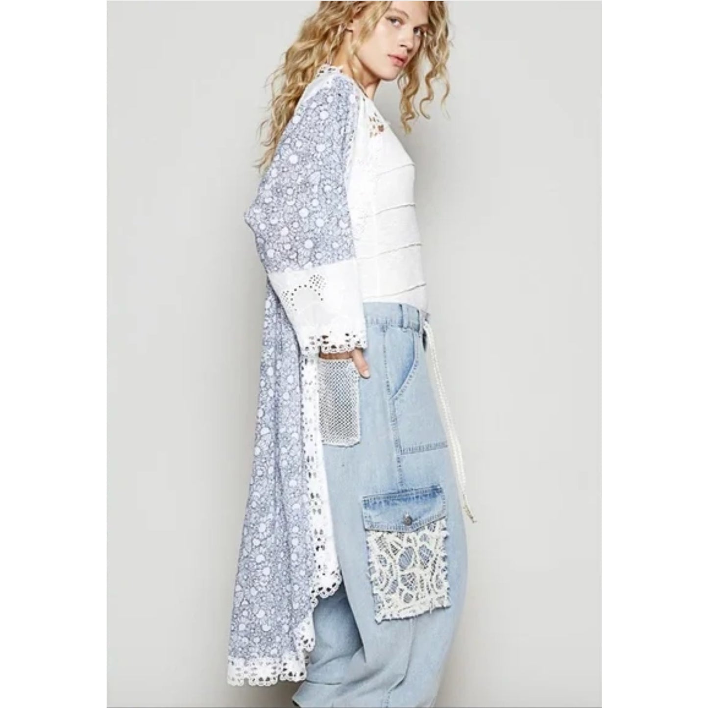 POL NEW Lace Trim Blue Floral Daisy Long Kimono Jacket Light Large