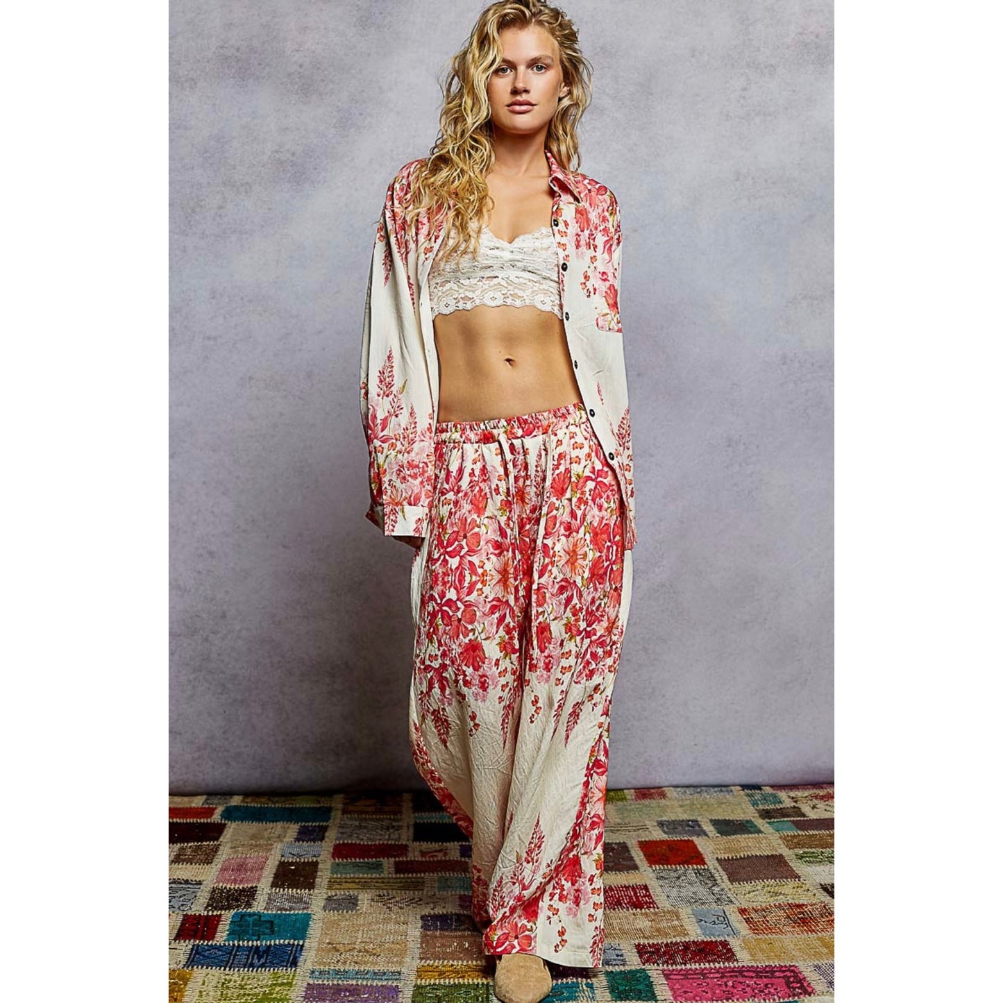 New Pol Matching Floral Boho Pants and Shirt Set