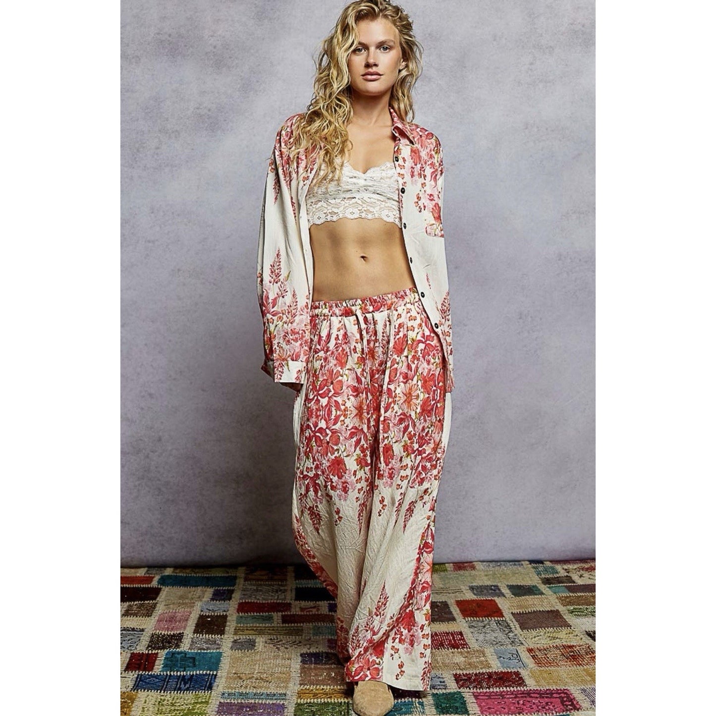 POL button down pink floral shirt women Boho