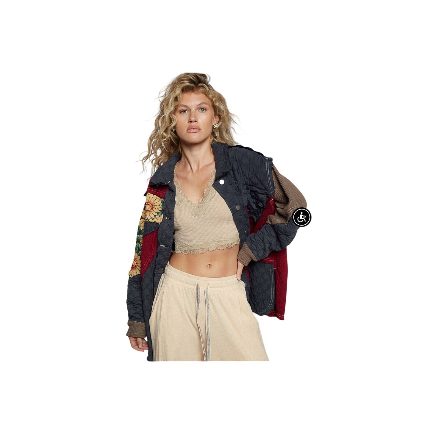 Copied - Pol Sunflower Patchwork Quilted Shacket, jacket