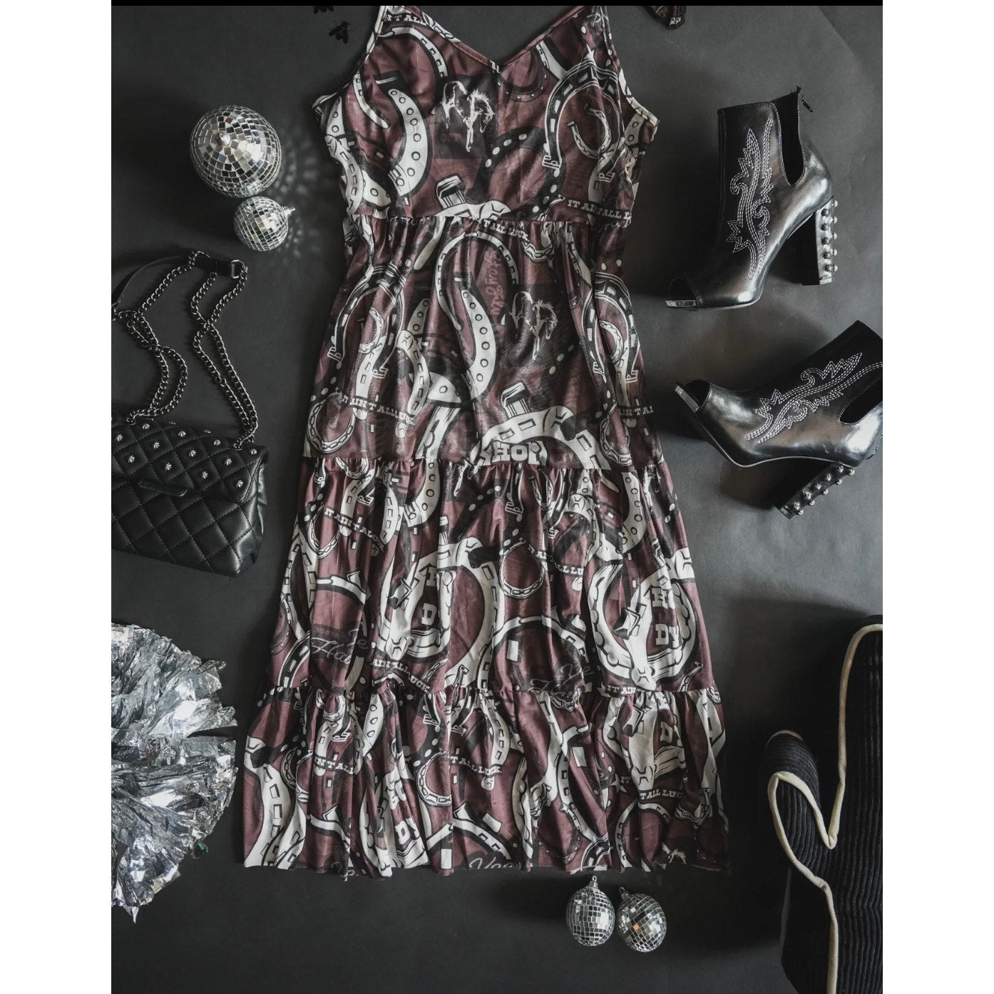 NWT! Western 2Fly Cowgirl Sheer Maxi Dress Brown Horseshoe Print Tiered Boho L/Xl