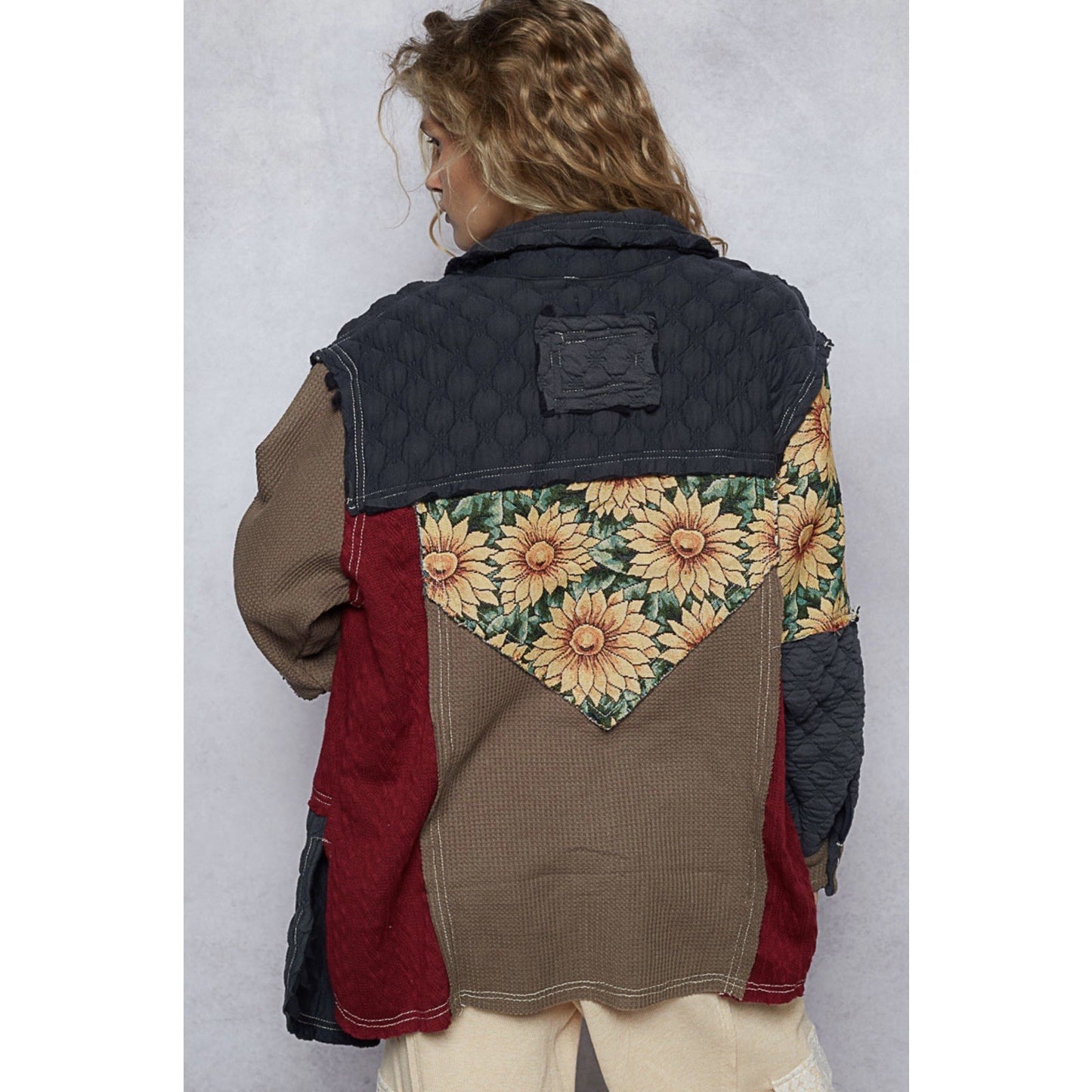 Quilted jacquard charcoal jacket with Sunflower And Patchwork