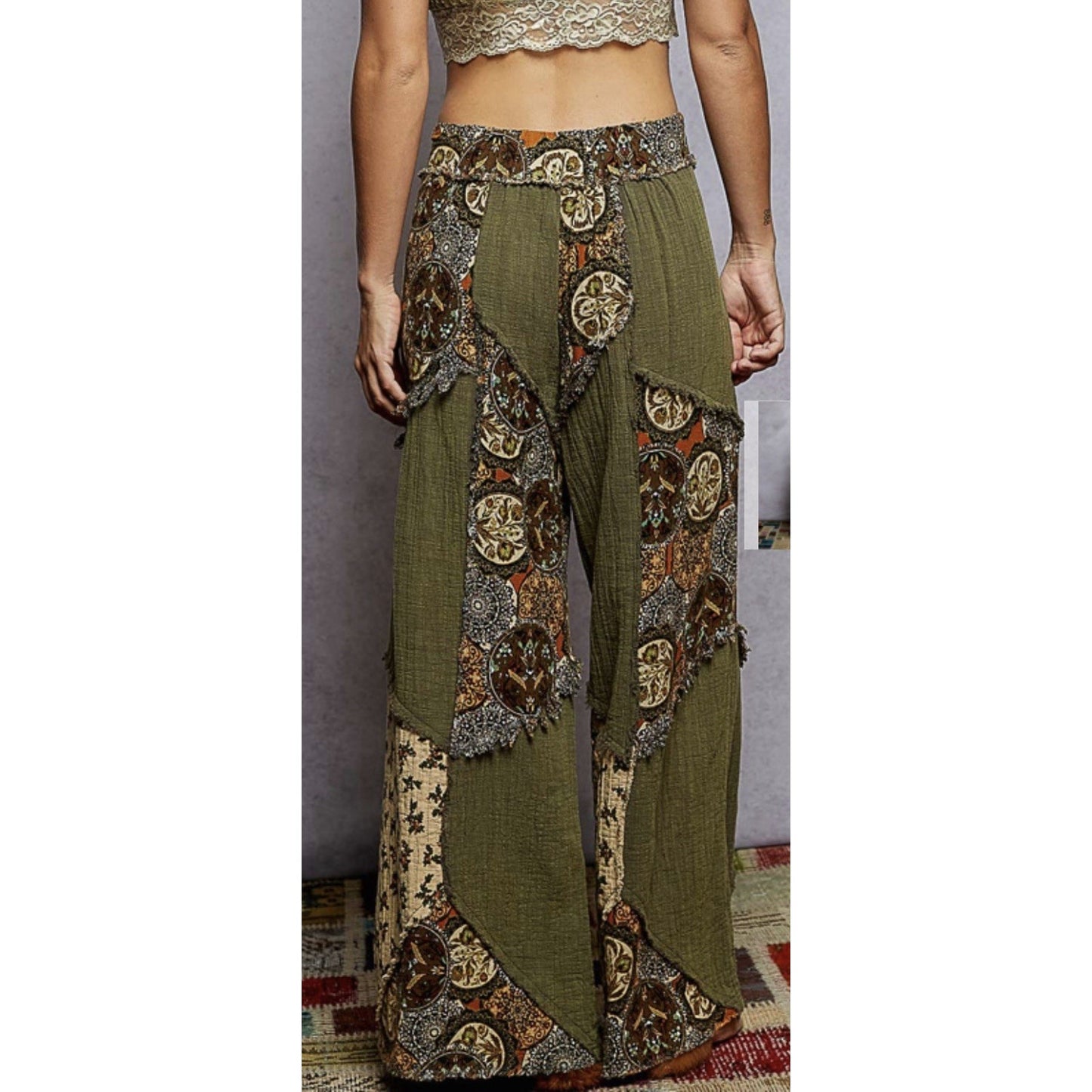 POL Double Gauze Patchwork Pants in Olive