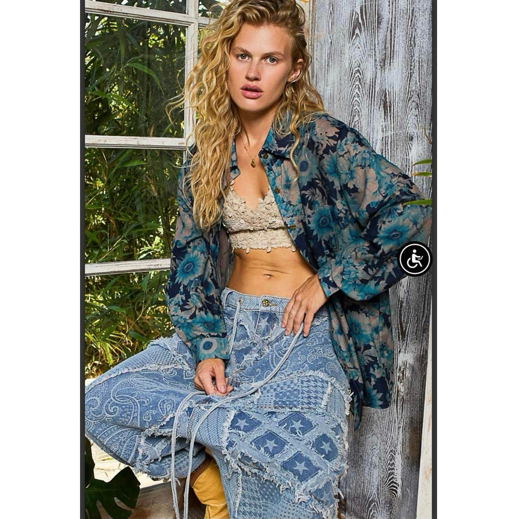NEW!!! POL Oversized Sheer Floral Button-Down Shirt | Blue Floral Large