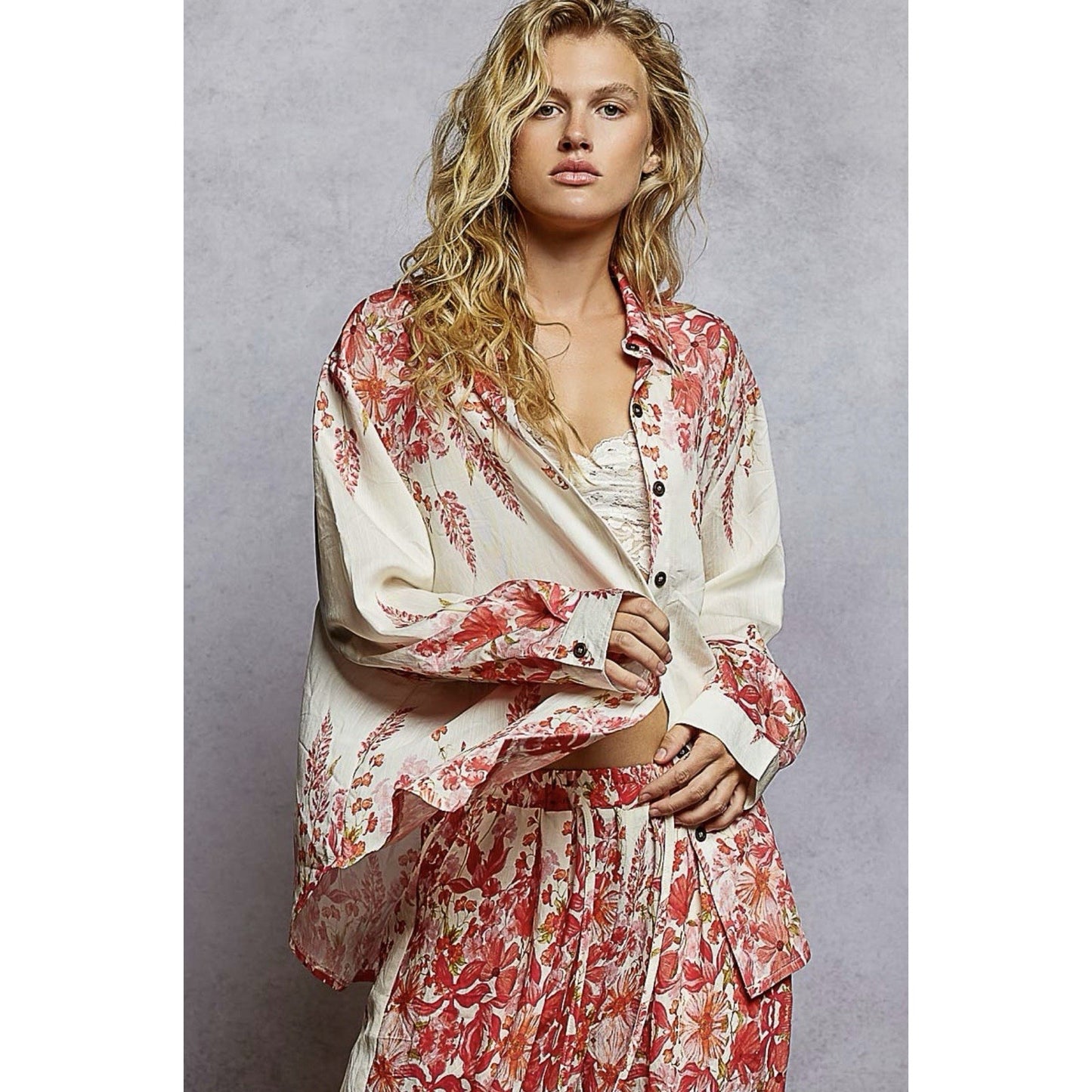 POL button down pink floral shirt women Boho