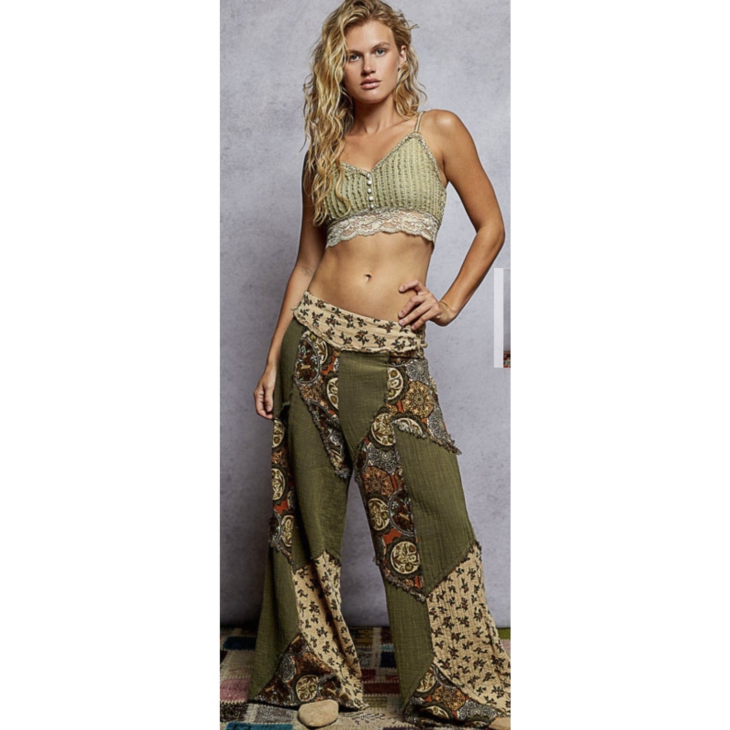 POL Double Gauze Patchwork Pants in Olive