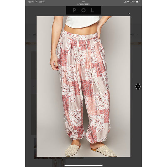 POL Patchwork Print Rayon Boho Harem Pants Women's Drawstring Waist