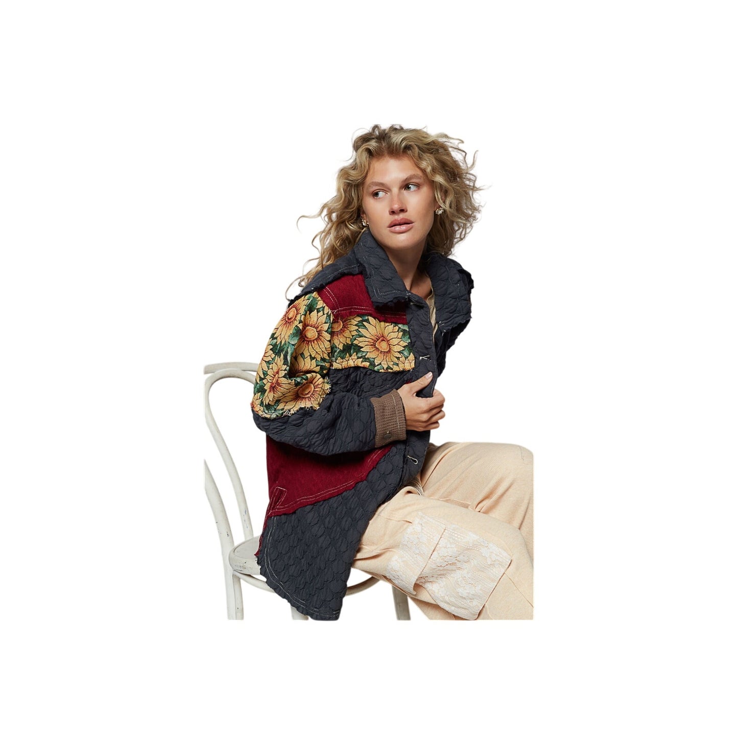 Copied - Pol Sunflower Patchwork Quilted Shacket, jacket