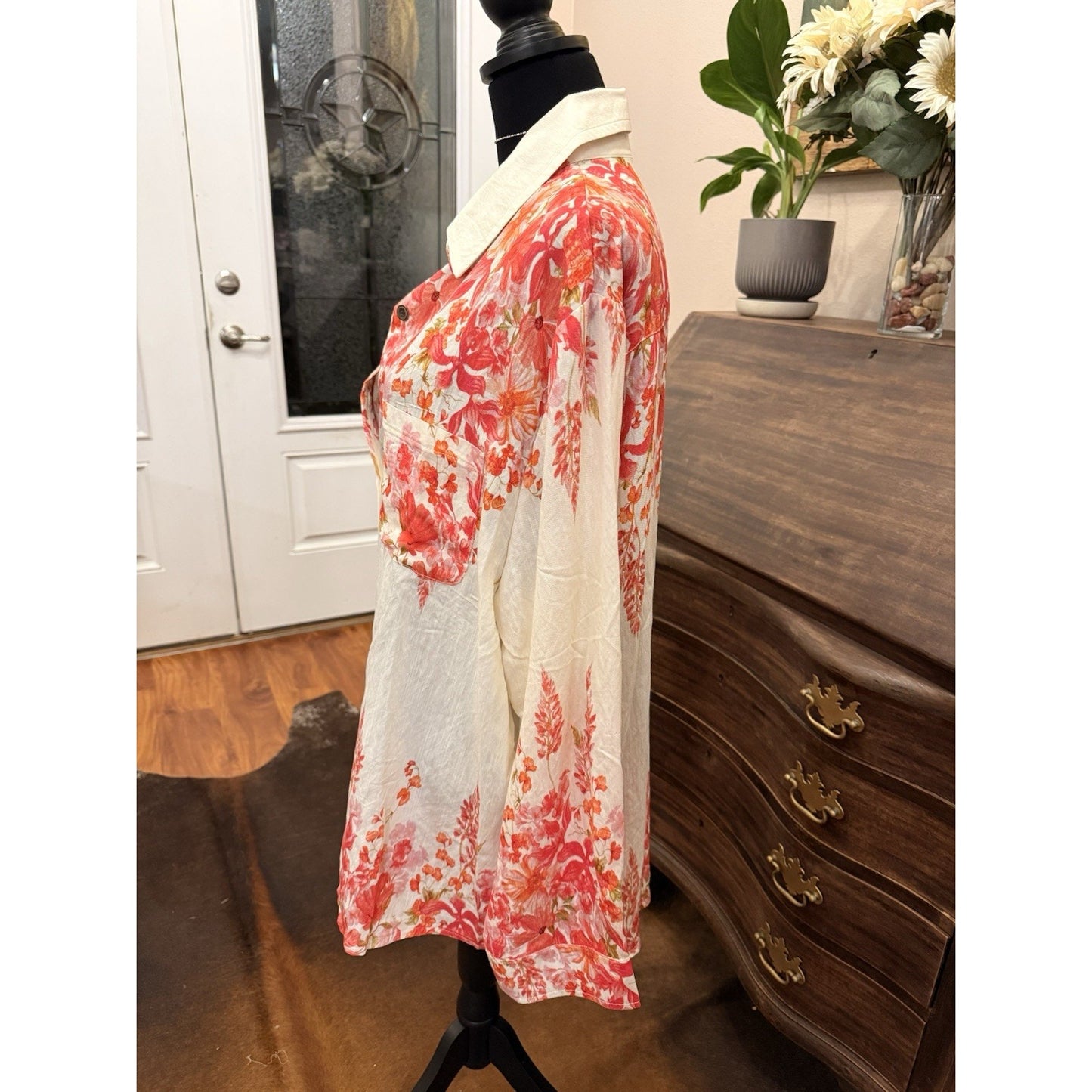 POL button down pink floral shirt women Boho