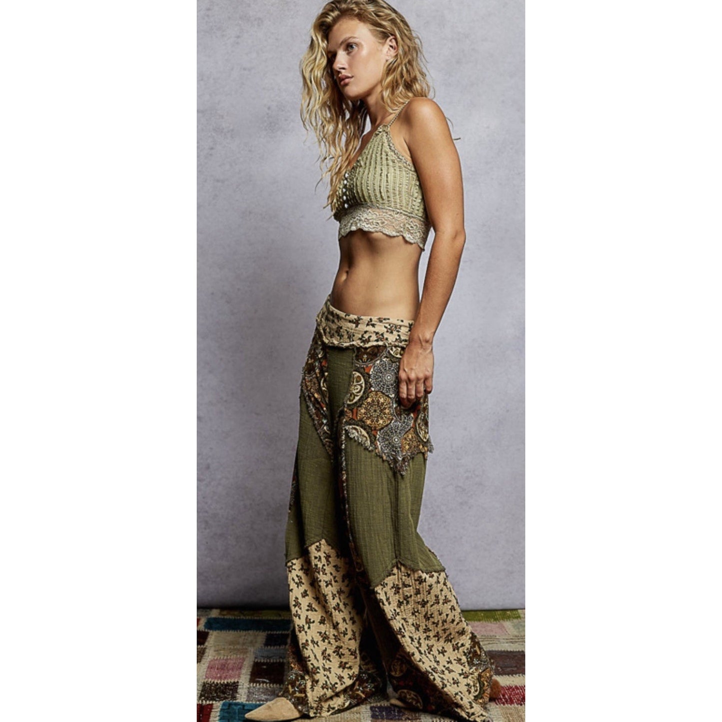 POL Double Gauze Patchwork Pants in Olive