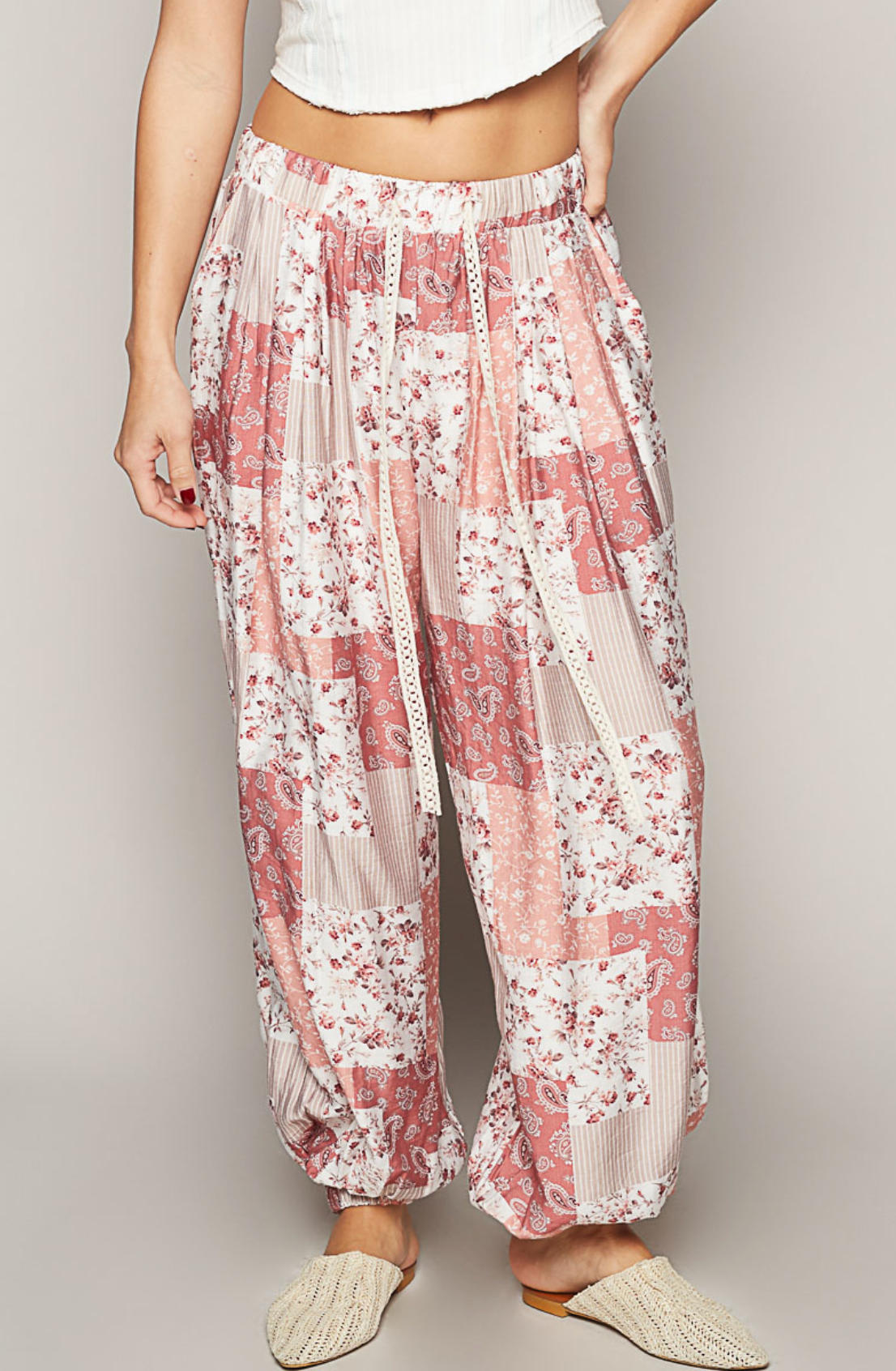 POL DRAWSTRING FLORAL PATCHWORK WIDE LEG PANTS