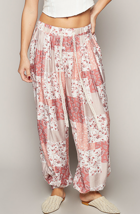 POL DRAWSTRING FLORAL PATCHWORK WIDE LEG PANTS