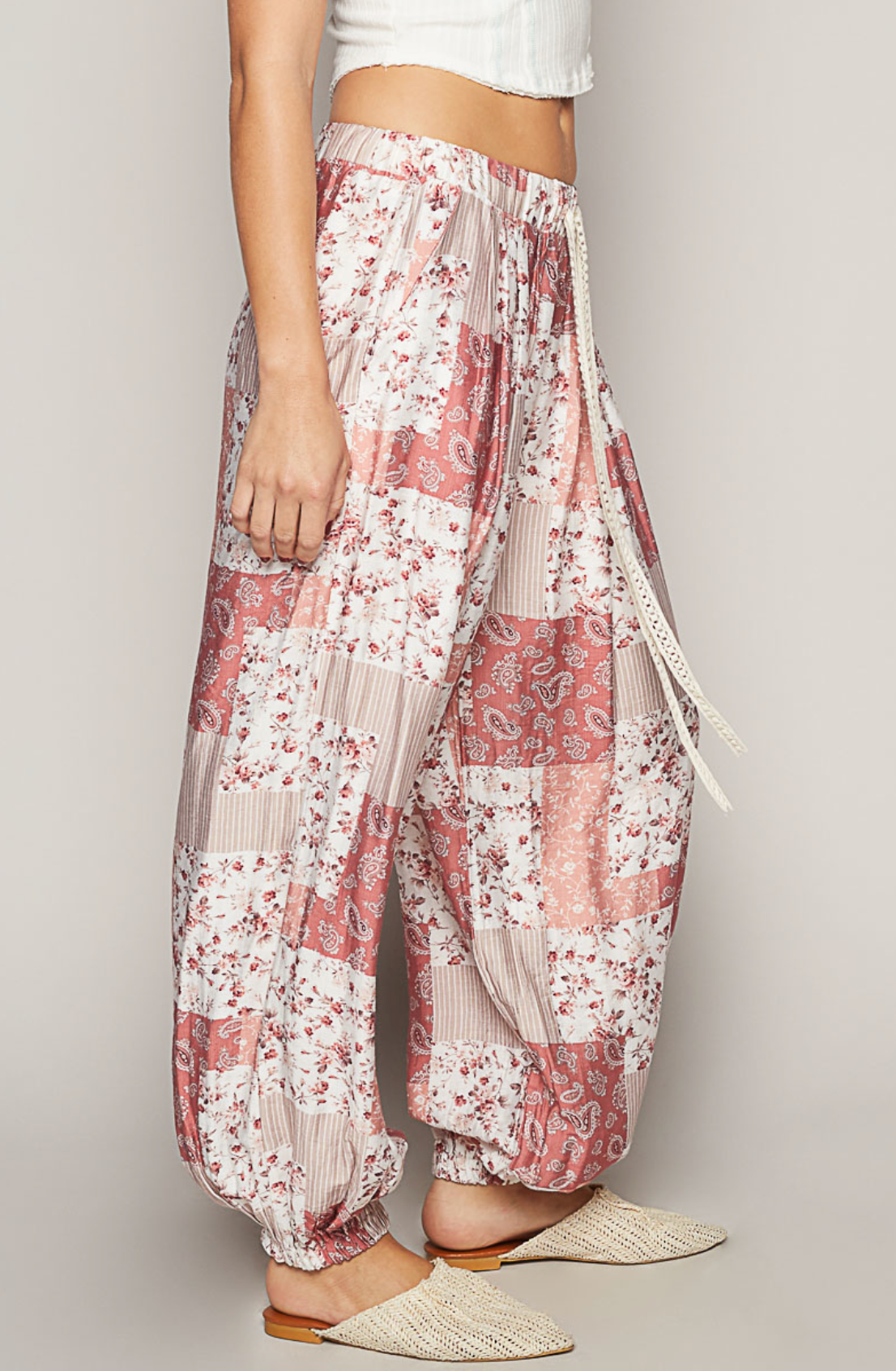 POL DRAWSTRING FLORAL PATCHWORK WIDE LEG PANTS