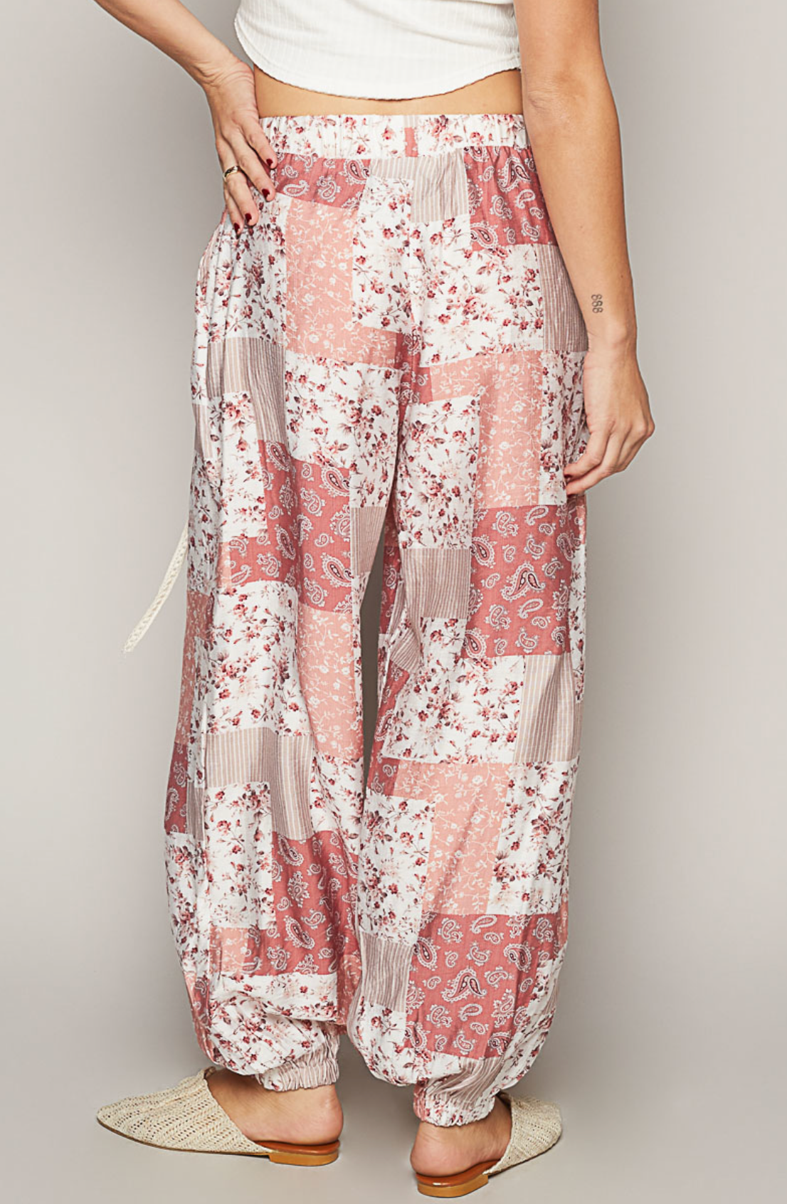 POL DRAWSTRING FLORAL PATCHWORK WIDE LEG PANTS