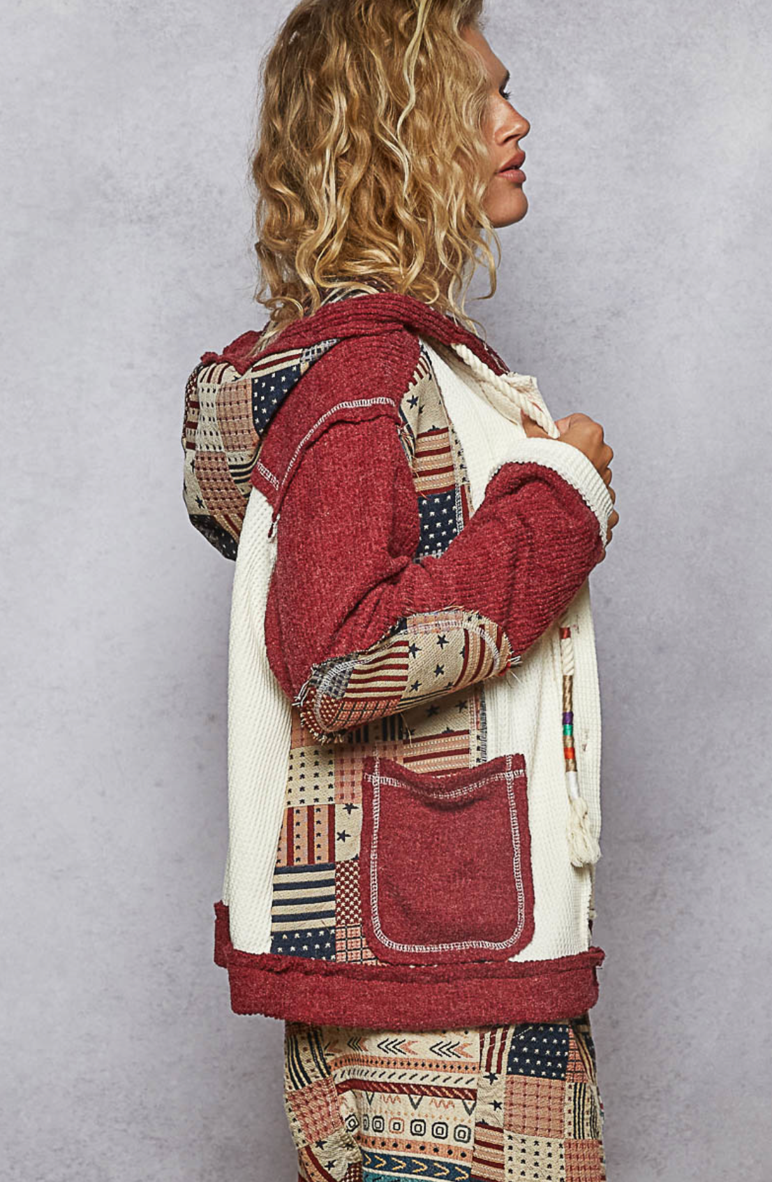 POL Mix N Match Patchwork Hooded Jacket in Cream Burgundy