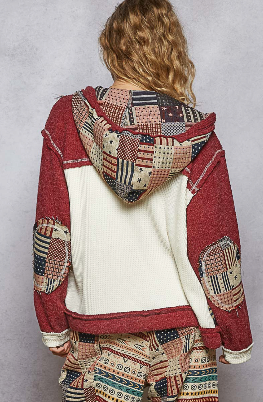 POL Mix N Match Patchwork Hooded Jacket in Cream Burgundy