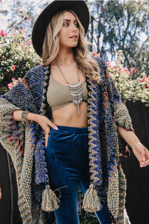 Colorful Crochet Patterned Ruana- Cozy Rap Cobalt Blue