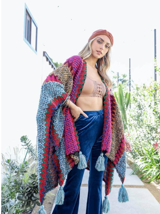 Colorful Crochet Patterned Ruana – Bold and Cozy Wrap Magenta