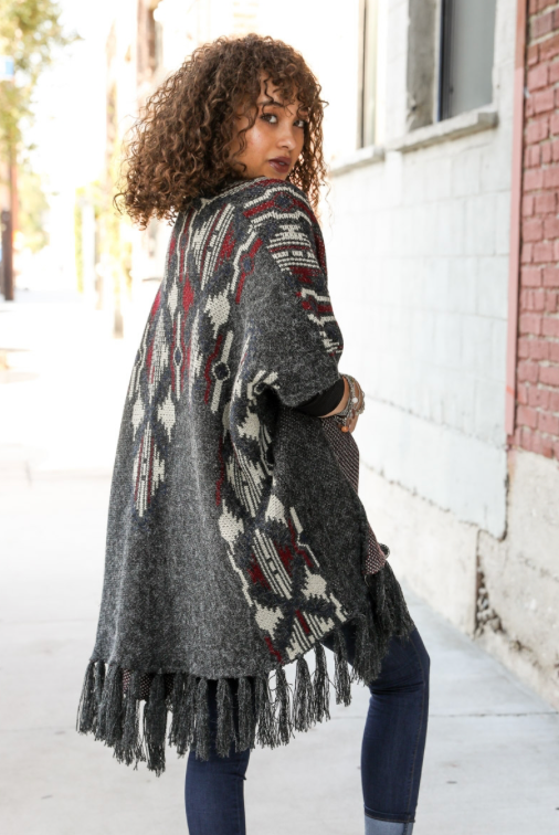 Warm Heather Argyle Knit Ruana - Black