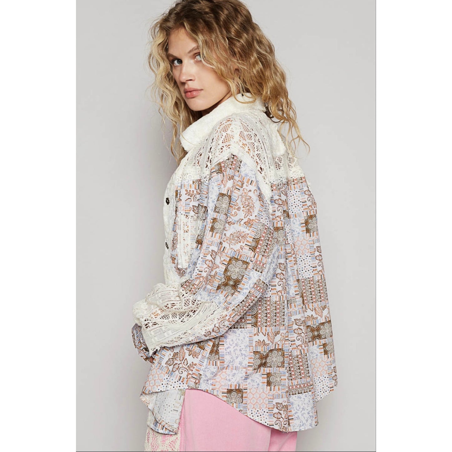 New!!! POL OVERSIZED Open Knit Crochet and Mixed Print Woven Fabric Top large