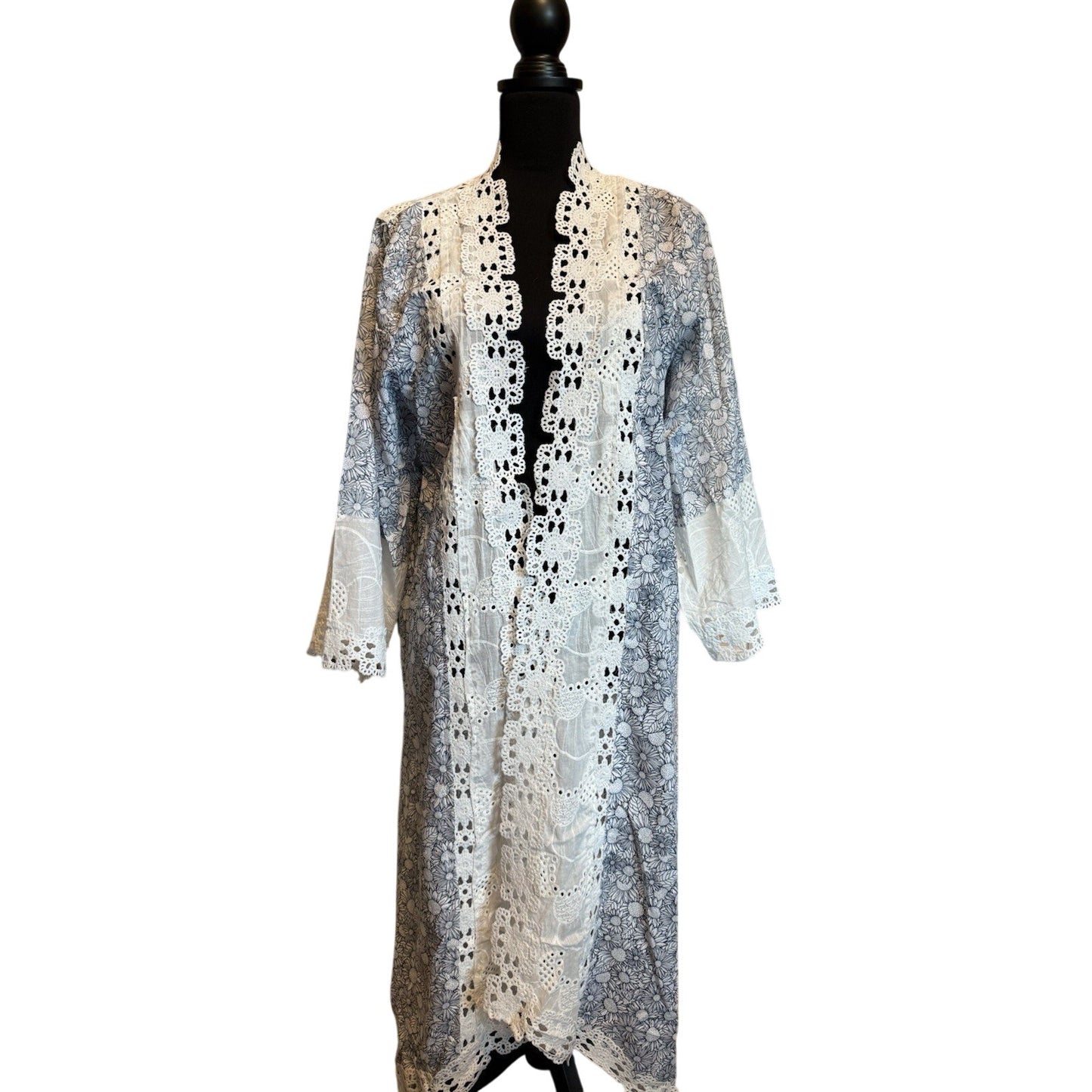 POL NEW Lace Trim Blue Floral Daisy Long Kimono Jacket Light
