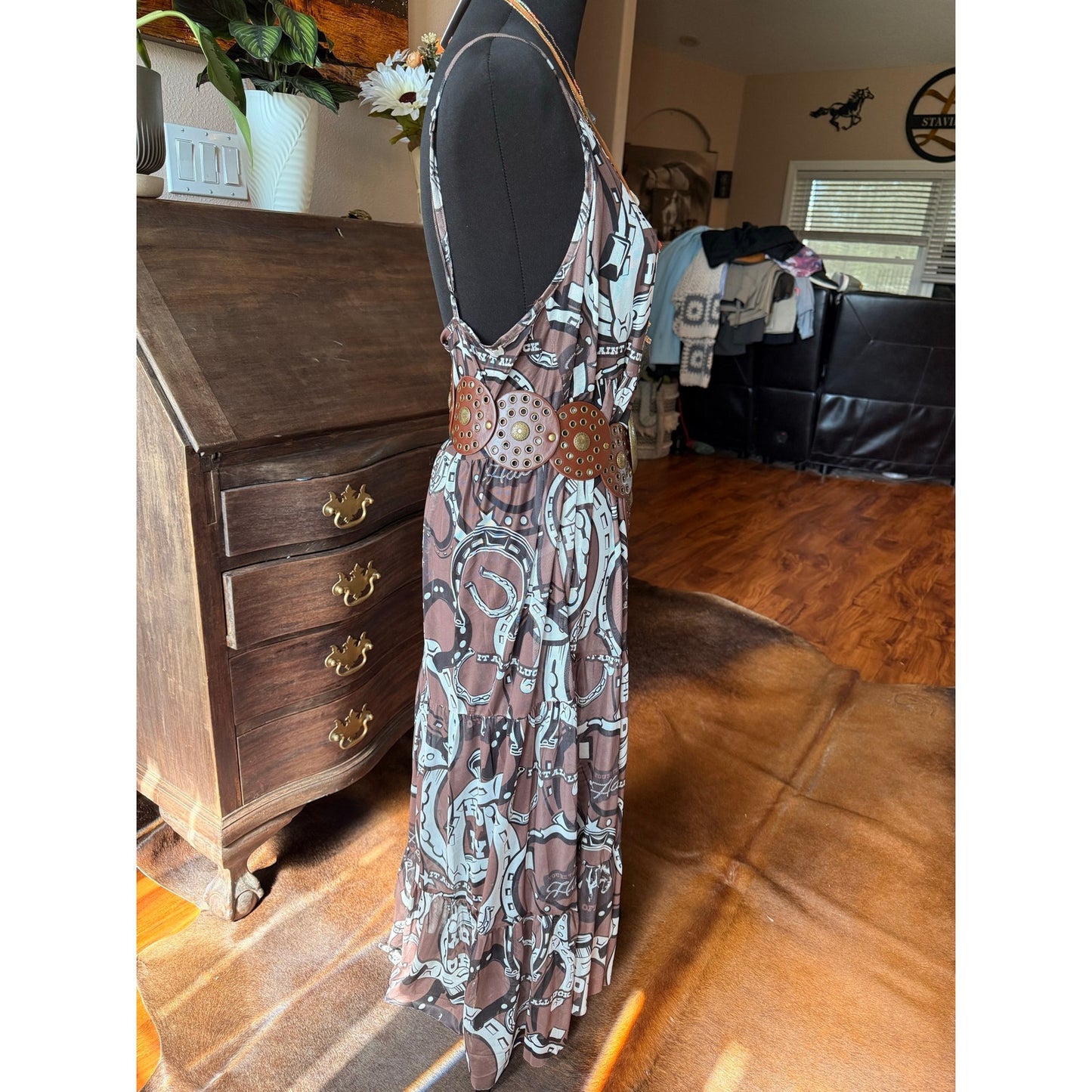 NWT! Western 2Fly Cowgirl Sheer Maxi Dress Brown Horseshoe Print Tiered Boho L/Xl