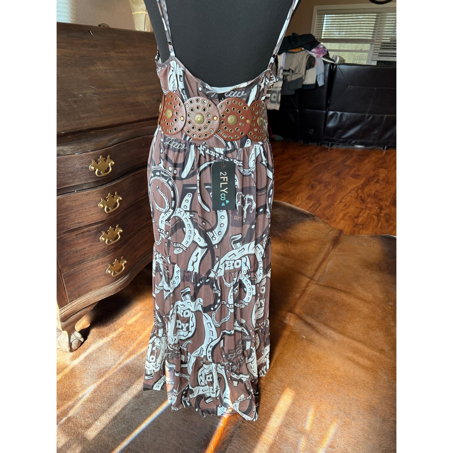 NWT! Western 2Fly Cowgirl Sheer Maxi Dress Brown Horseshoe Print Tiered Boho L/Xl