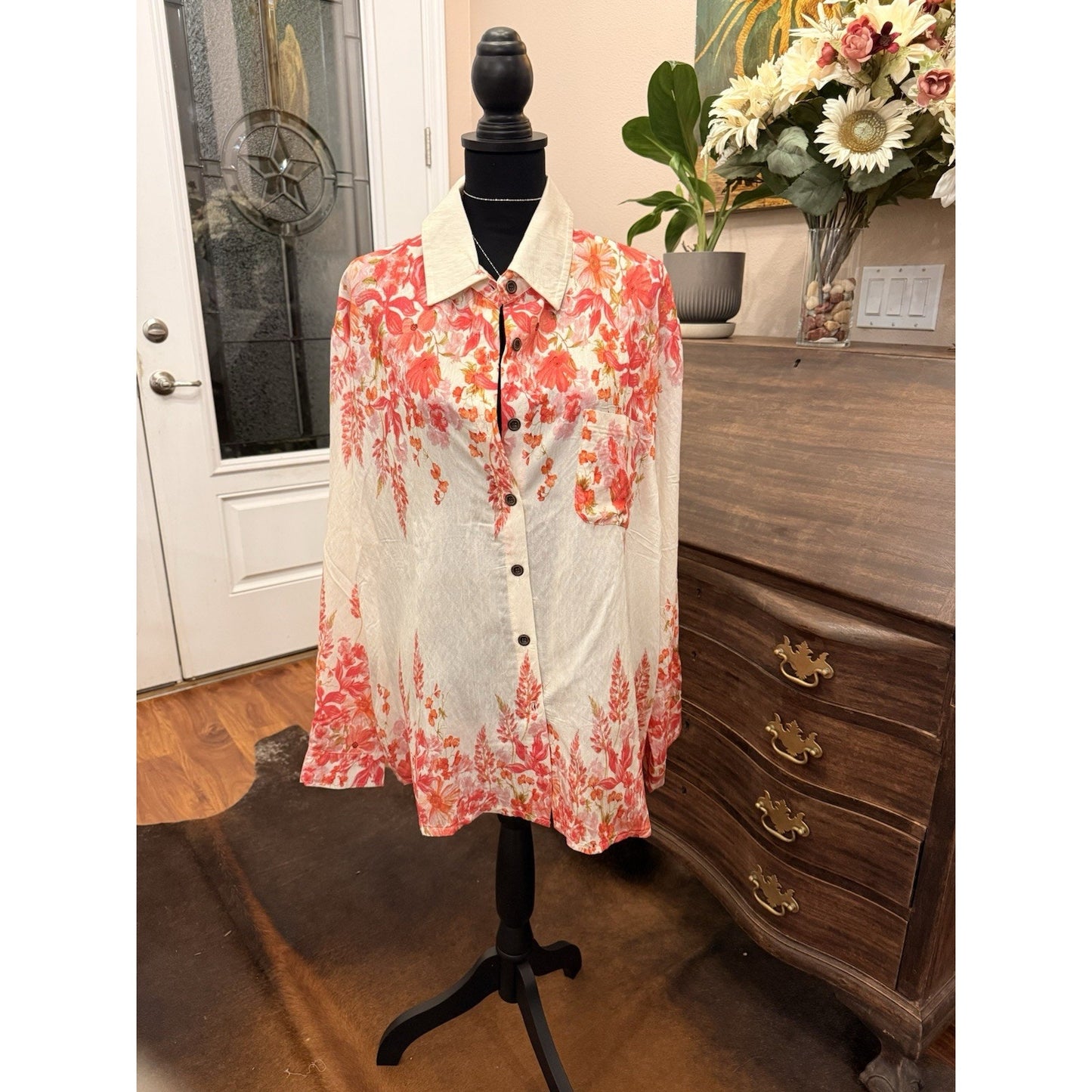 POL button down pink floral shirt women Boho
