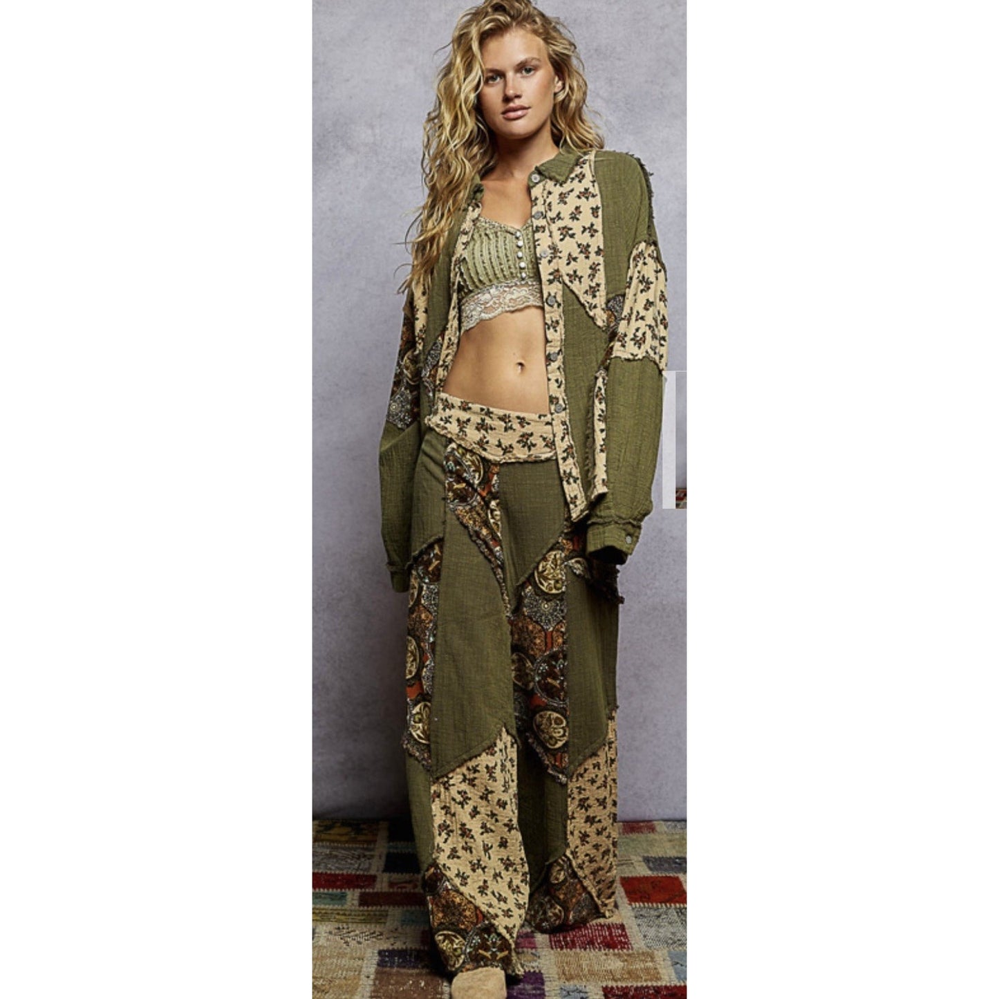 POL Double Gauze Patchwork Pants in Olive