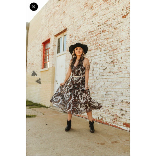 NWT! Western 2Fly Cowgirl Sheer Maxi Dress Brown Horseshoe Print Tiered Boho L/Xl